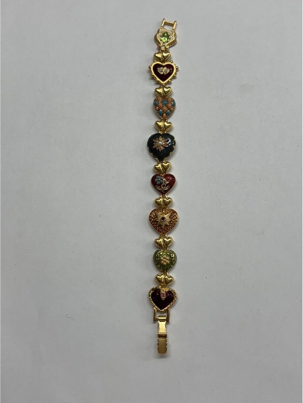 Vintage Joan Rivers Hearts & Flowers Bracelet Enamel Heart Charm Floral Signed